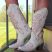 White Cowboy Western Boots Embroidered Pull on Boots Knee