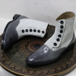 Men Handmade Leather White Gray Ankle Button Boots Men Causal Men Handmade Leather White Gray Ankle Button Boots Men Causal