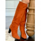 Orange Suede Knee High Boots Orange High Boots Beige Leather
