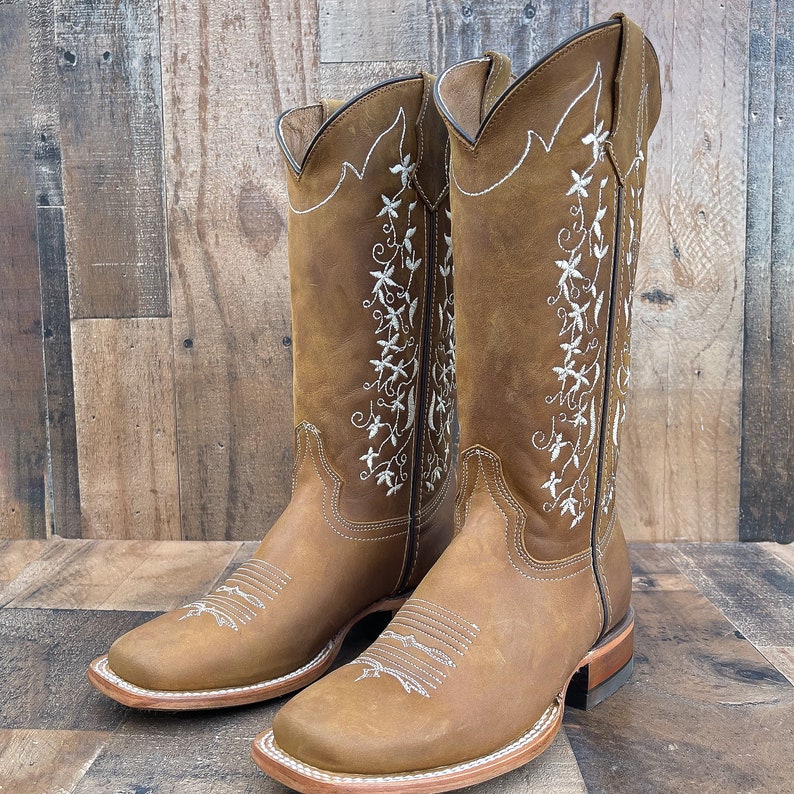 Handmade Leather Floral Embroidered Boots/ Mexican Artisanal