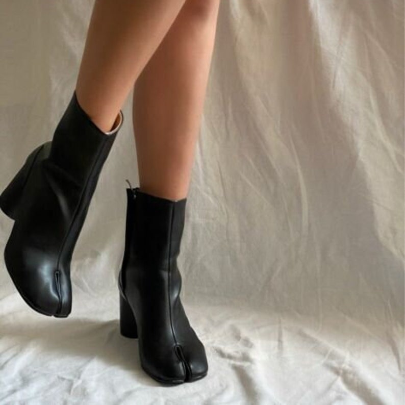 Tabi Split Toe Boots Chunky Round Heels