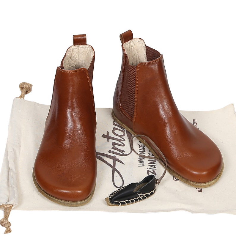 Women Handmade CHELSEA Boots Zero Drop Barefoot BROWN Smooth