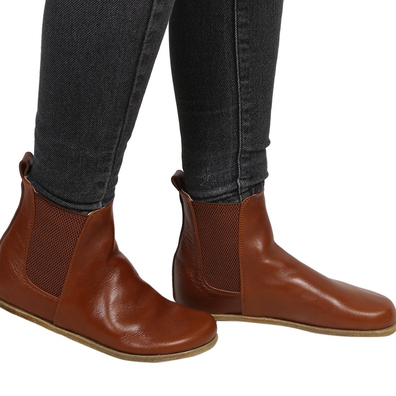 Women Handmade CHELSEA Boots Zero Drop Barefoot BROWN Smooth