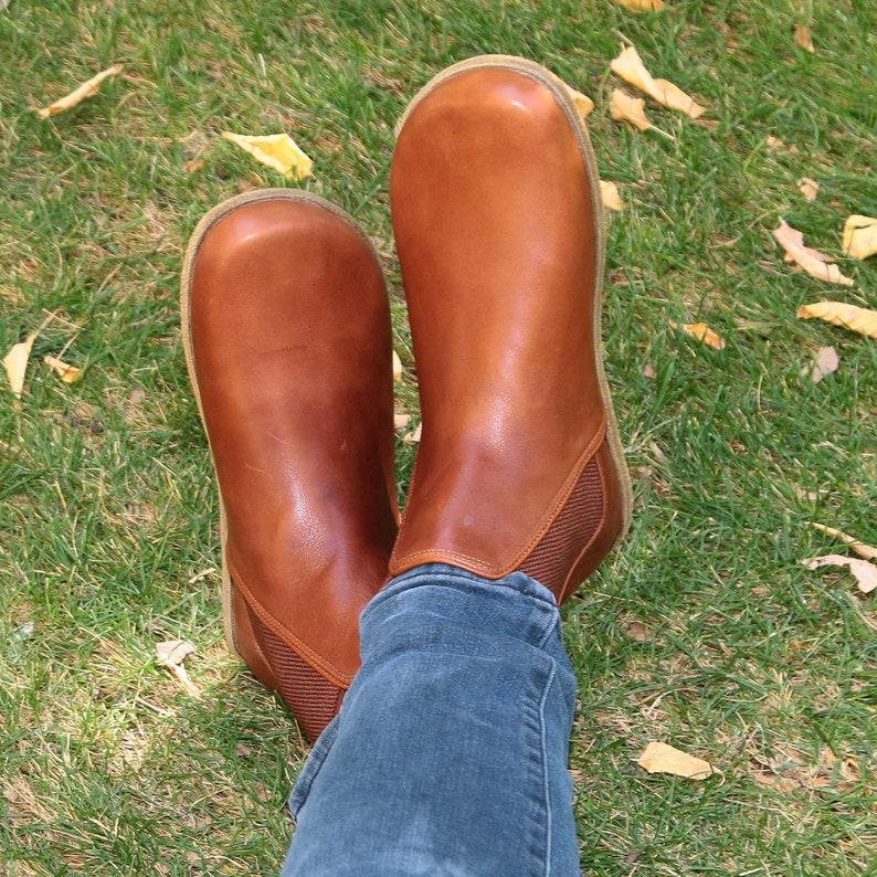 Women Handmade CHELSEA Boots Zero Drop Barefoot BROWN Smooth