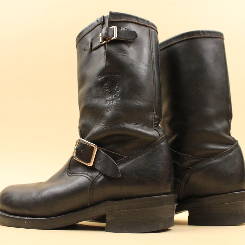 70s Vtg Black Leather Chippewa USA Engineer 2 Buckle Boots