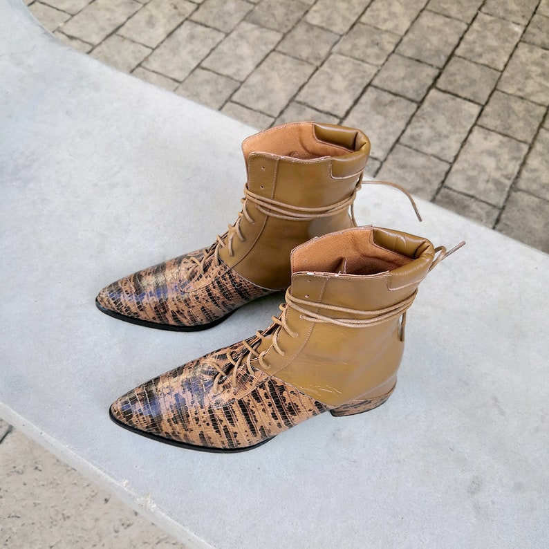 Womens Brown Snake Leather Lace up Ankle Boots Comfortable