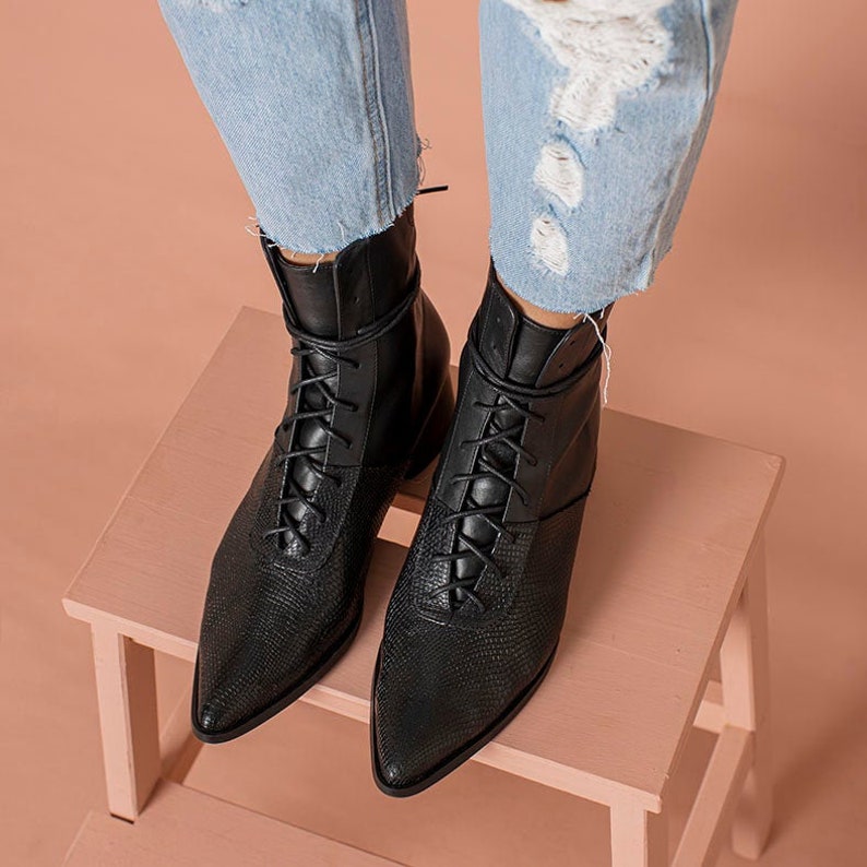 Womens Brown Snake Leather Lace up Ankle Boots Comfortable