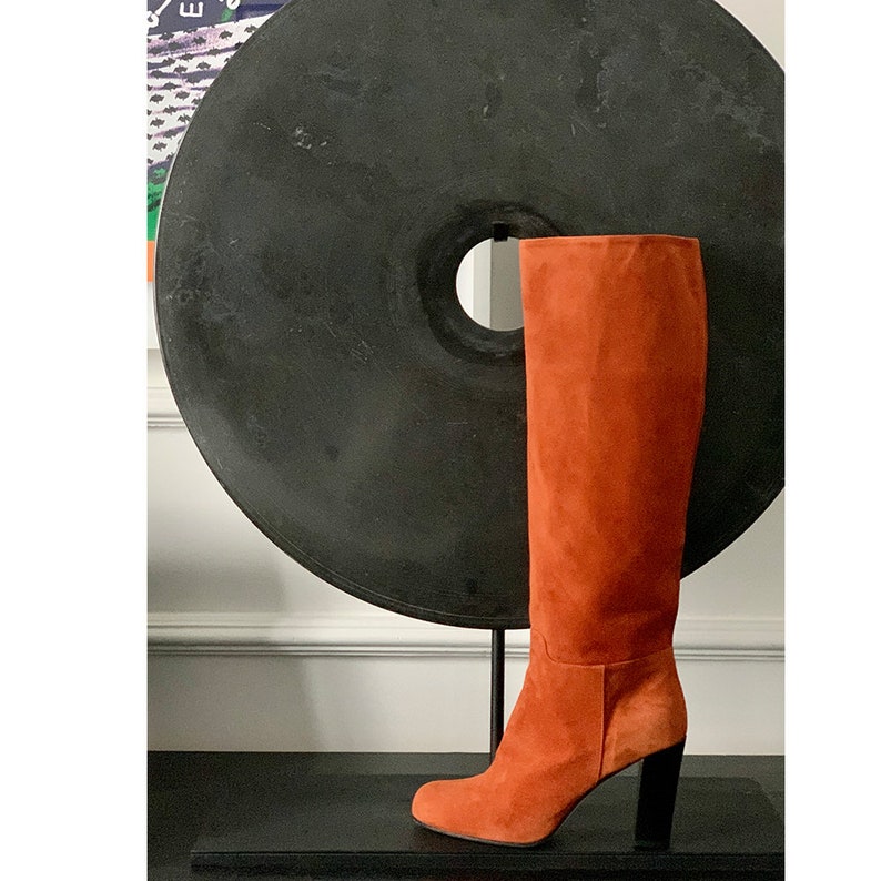 Orange Suede Knee High Boots Orange High Boots Beige Leather