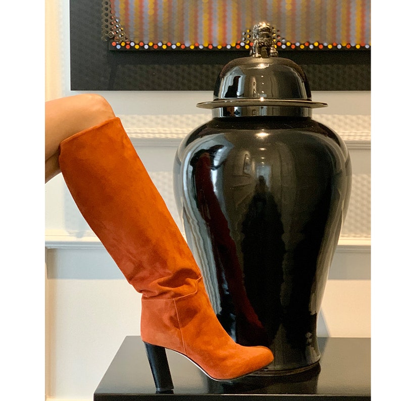 Orange Suede Knee High Boots Orange High Boots Beige Leather