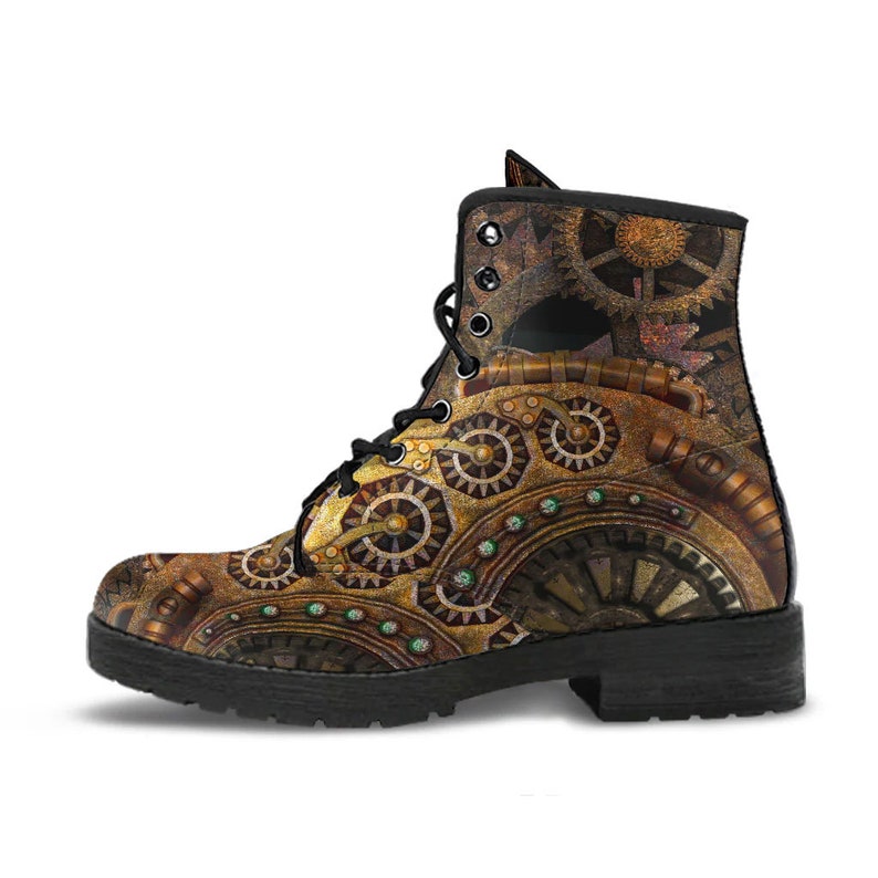 Steampunk Clockwork Gears Bronze Vegan Leather Combat Boots