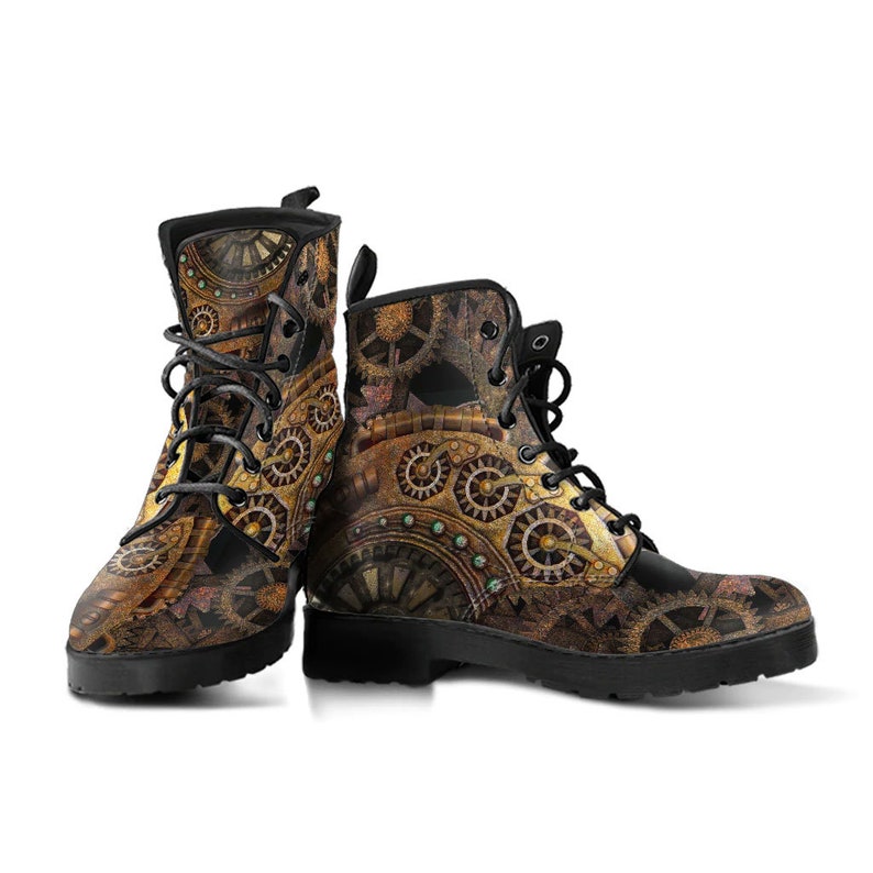Steampunk Clockwork Gears Bronze Vegan Leather Combat Boots