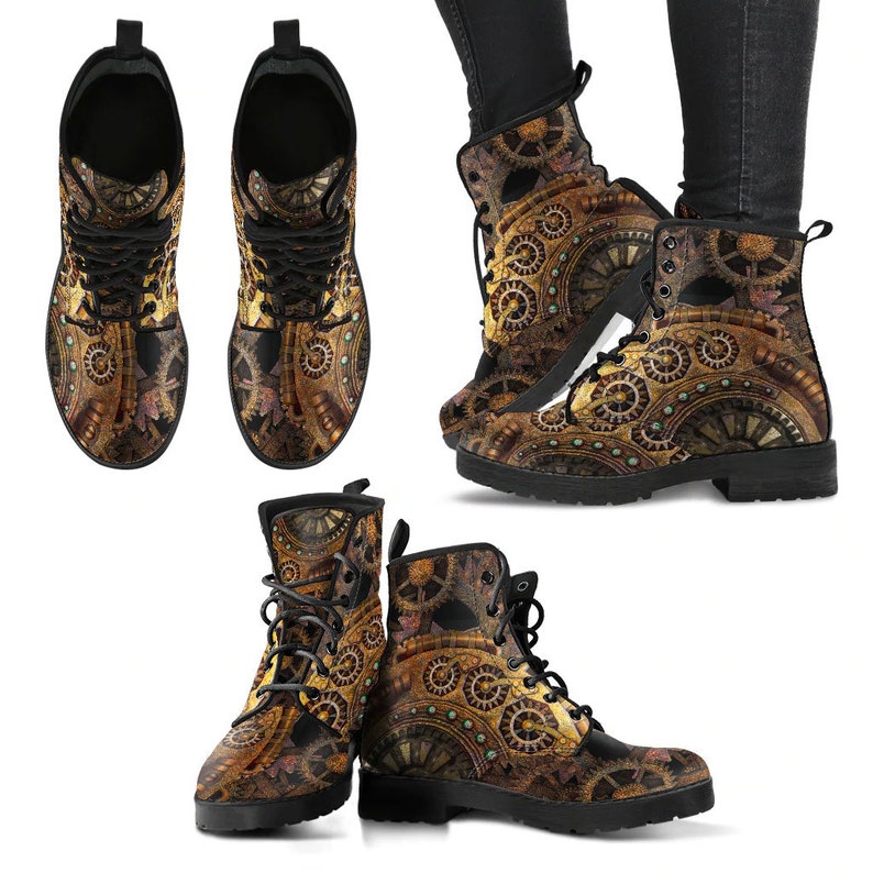Steampunk Clockwork Gears Bronze Vegan Leather Combat Boots