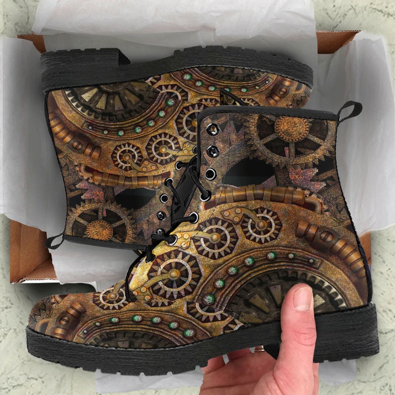 Steampunk Clockwork Gears Bronze Vegan Leather Combat Boots