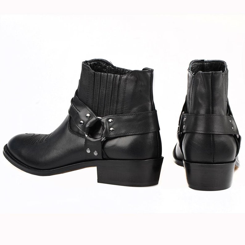 Footcourt Men Biker Ankle Boots Motorcycle Boots Black Genuine