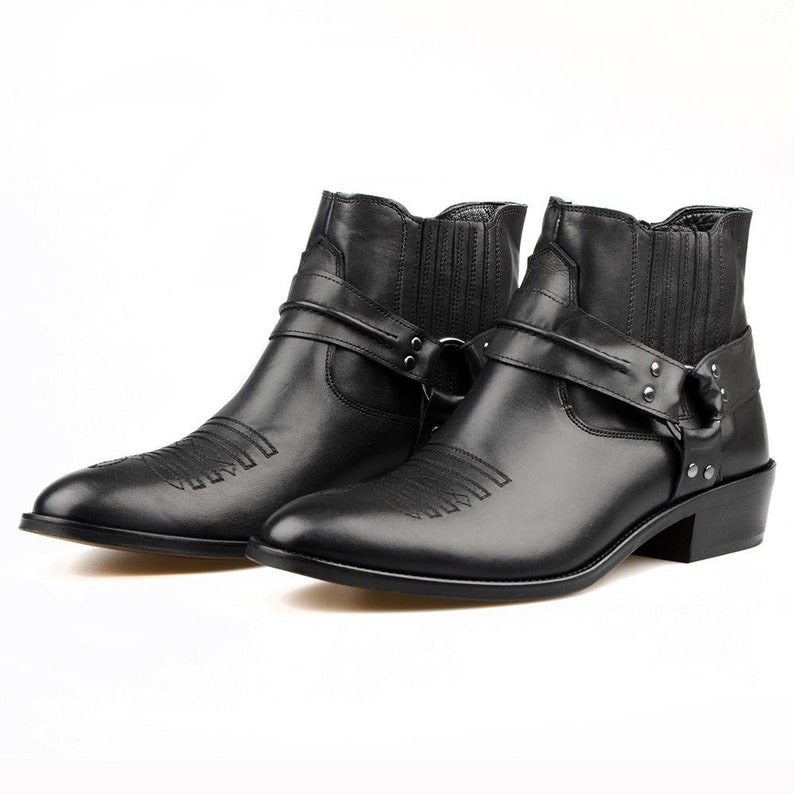 Footcourt Men Biker Ankle Boots Motorcycle Boots Black Genuine