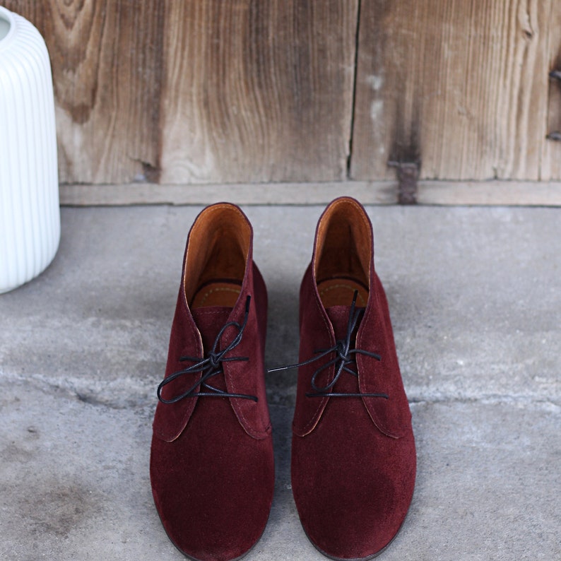 Retro Style Natural Burgundy Velvet Leatherclassic Booties