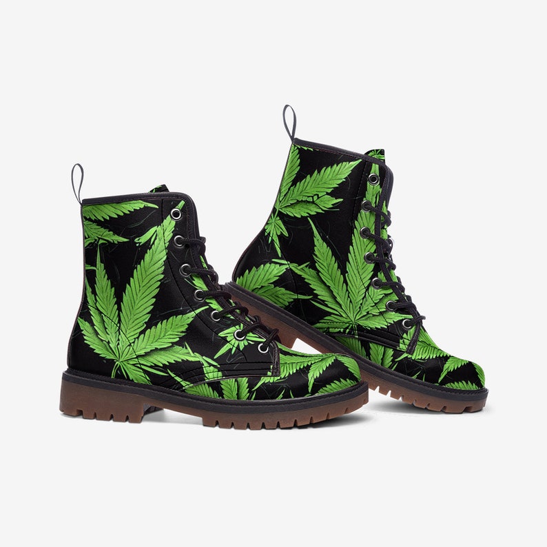 Unisex Fit Marijuana Green Leaf Black Casual Leather