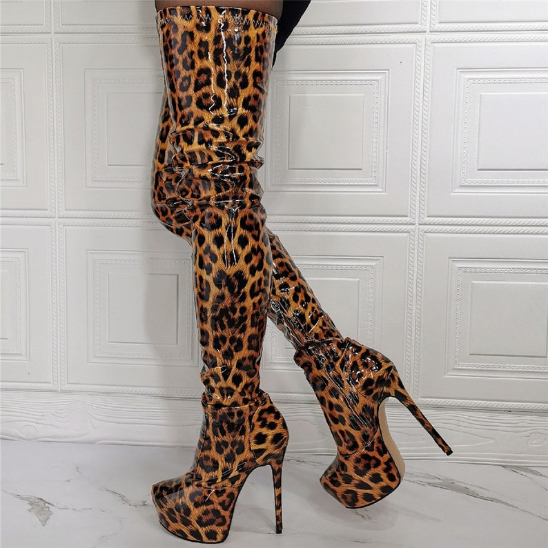 Leopard Print Nightclub Thigh High Stage Boots