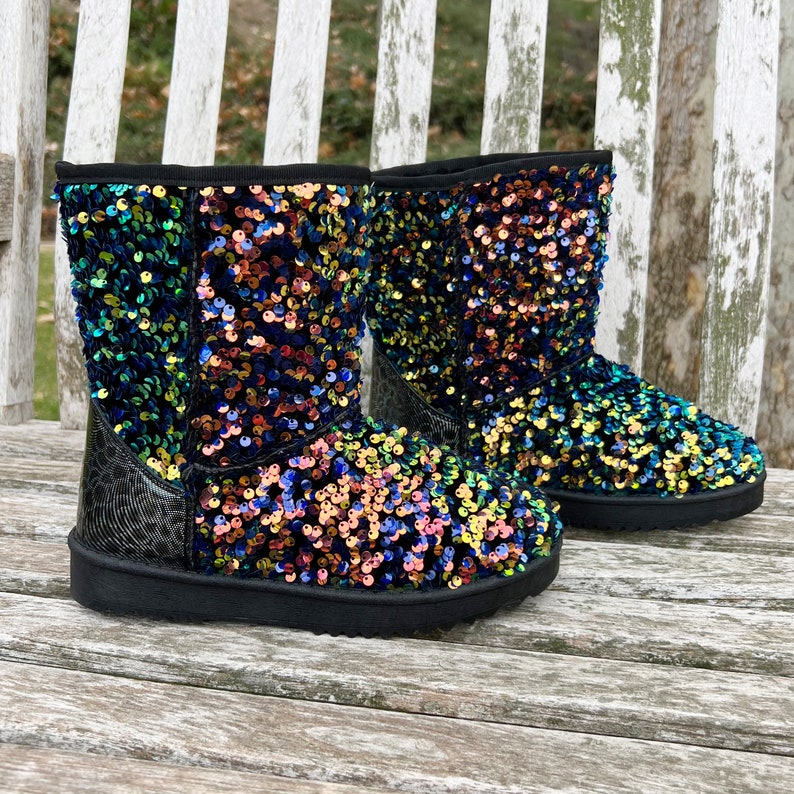 Iridescent Sequin Glitter Mid Calf Boots Sparkly Bling