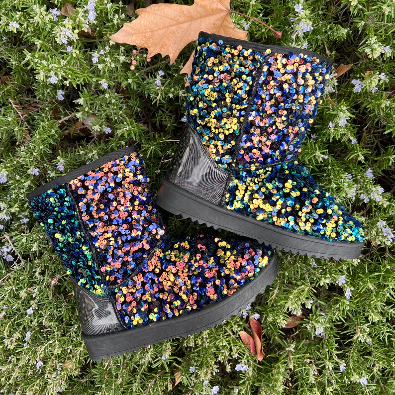 Iridescent Sequin Glitter Mid Calf Boots Sparkly Bling