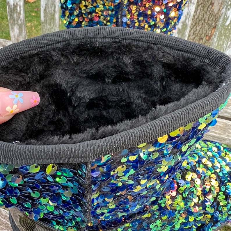 Iridescent Sequin Glitter Mid Calf Boots Sparkly Bling