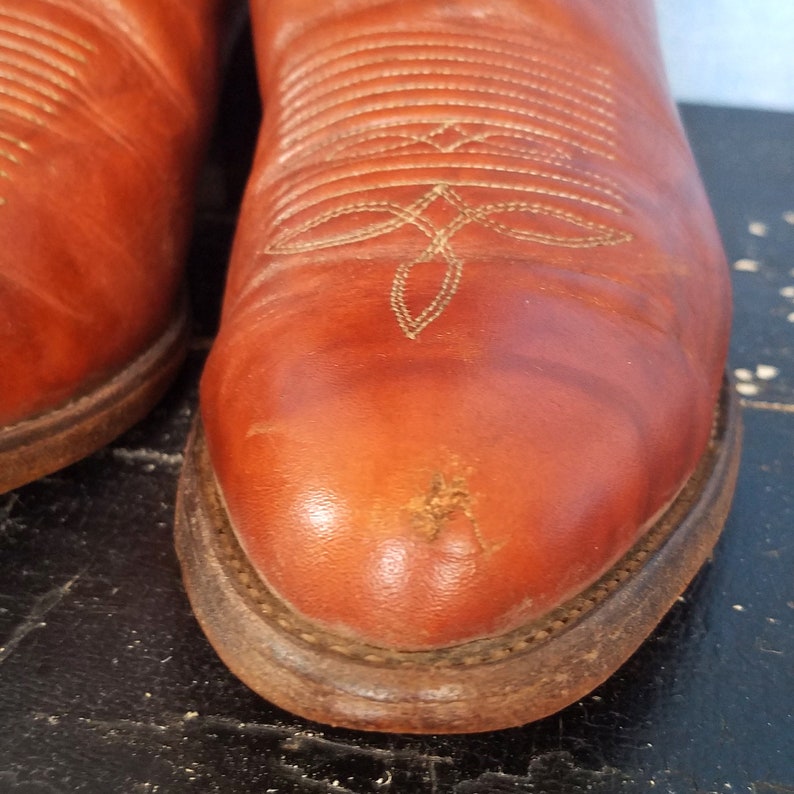 Vintage 90s Cognac Marbled Leather Cowboy Boots With White