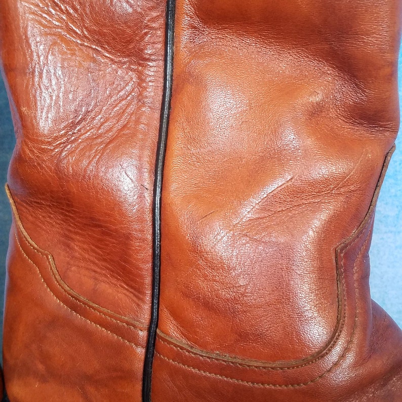 Vintage 90s Cognac Marbled Leather Cowboy Boots With White