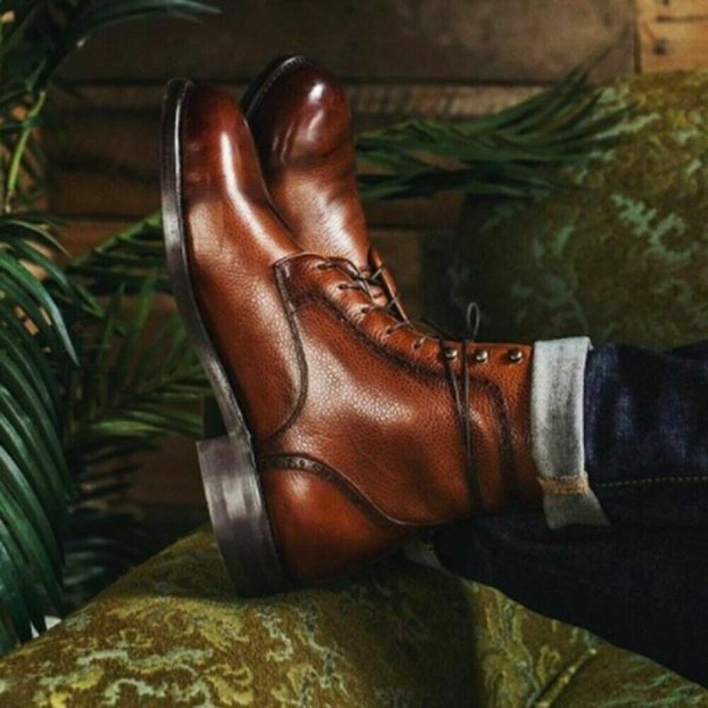 Handmade Brown Lace up Ankle Boots for Men's Men Brown