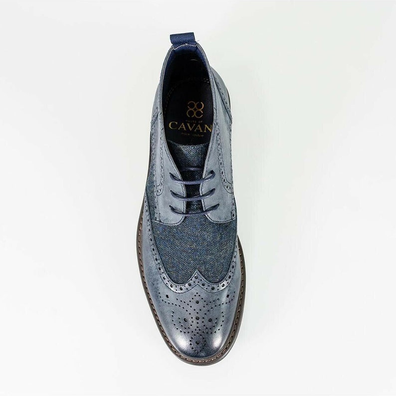 Mens Tweed Leather Mix Shoes Chelsea Lace up Boots