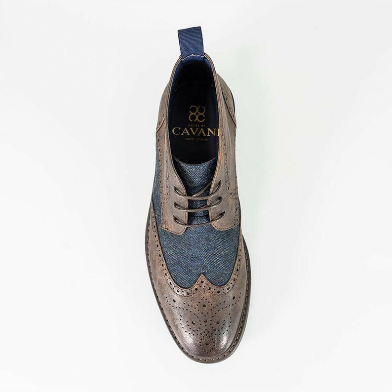 Mens Tweed Leather Mix Shoes Chelsea Lace up Boots