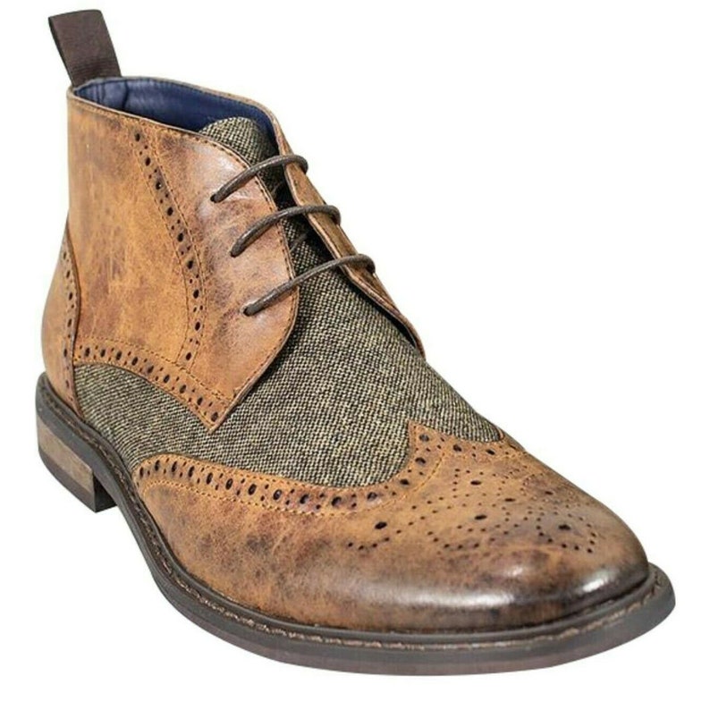 Mens Tweed Leather Mix Shoes Chelsea Lace up Boots