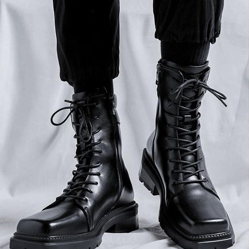 Men Fashion Square Toe Ankle Boots Lace up Motorcycle Style