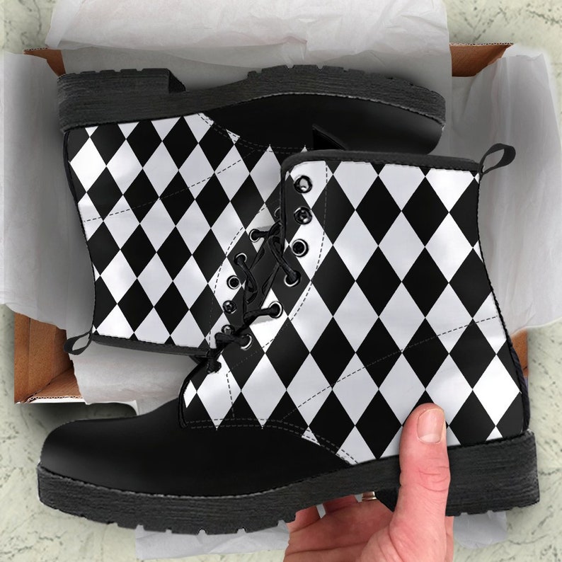 Black White Diamonds Boots Combat Style Men's
