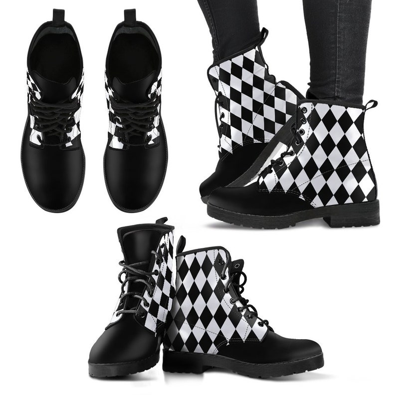 Black White Diamonds Boots Combat Style Men's