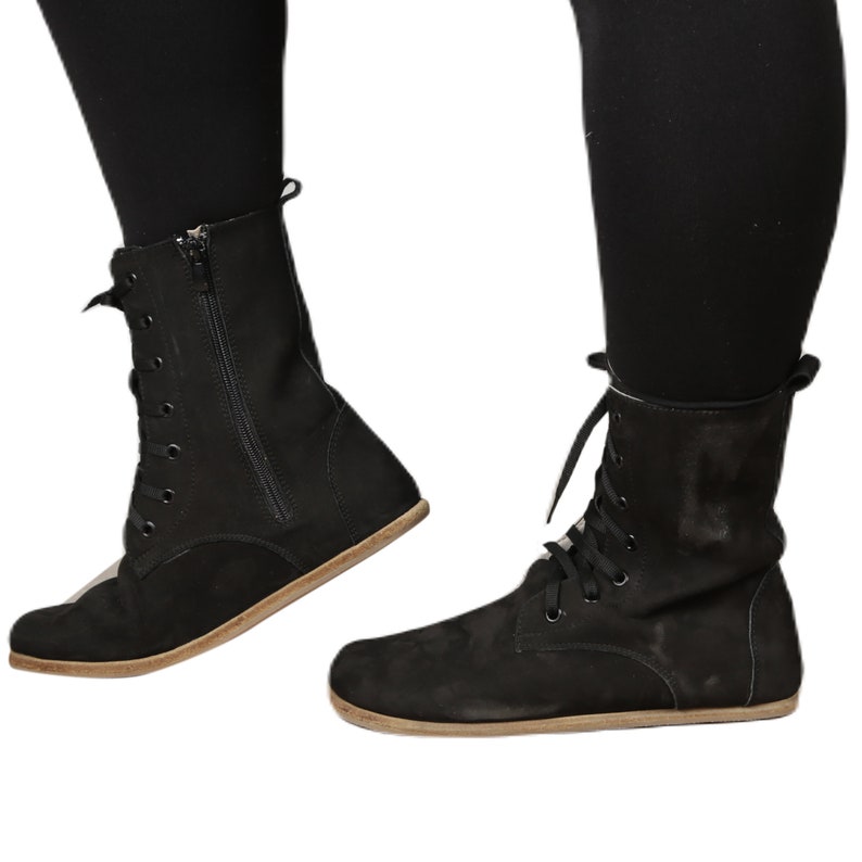 Women Handmade LONG Boots Zero Drop Barefoot BLACK NUBUCK