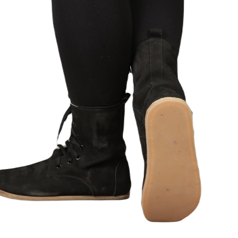 Women Handmade LONG Boots Zero Drop Barefoot BLACK NUBUCK