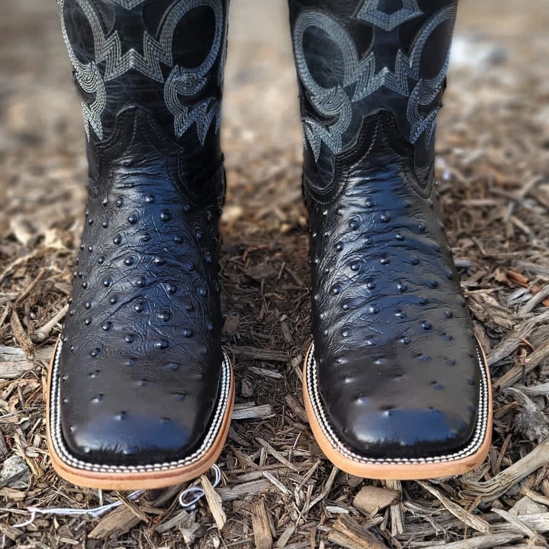 MENS Black Faux OSTRICH Print LEATHER Cowboy Wide Square Toe