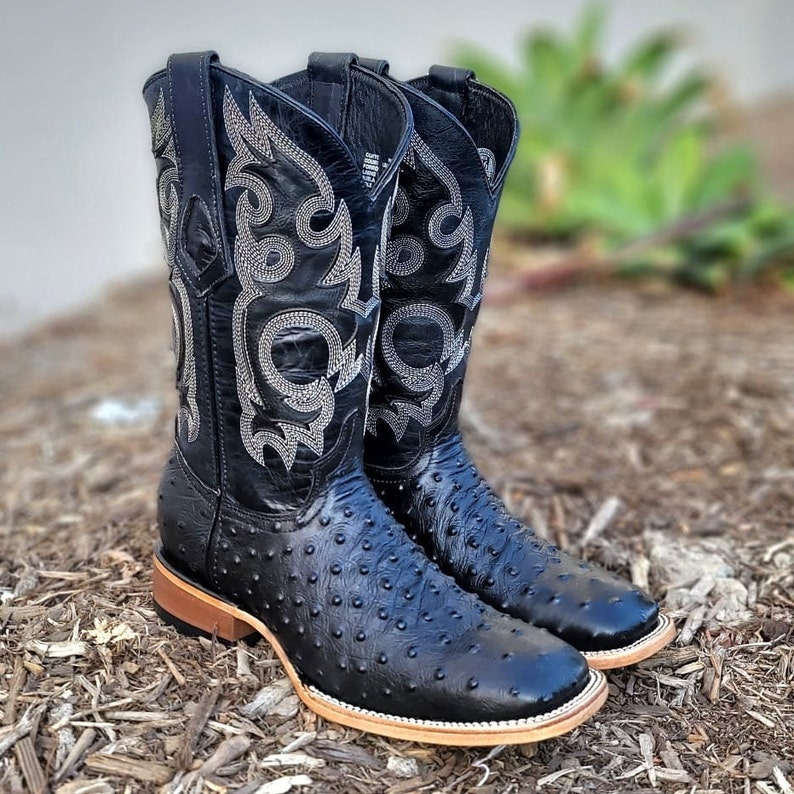 MENS Black Faux OSTRICH Print LEATHER Cowboy Wide Square Toe