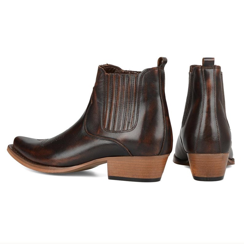 Footcourt Brown Men Cowboy Boots Western Ankle Boots Genuine
