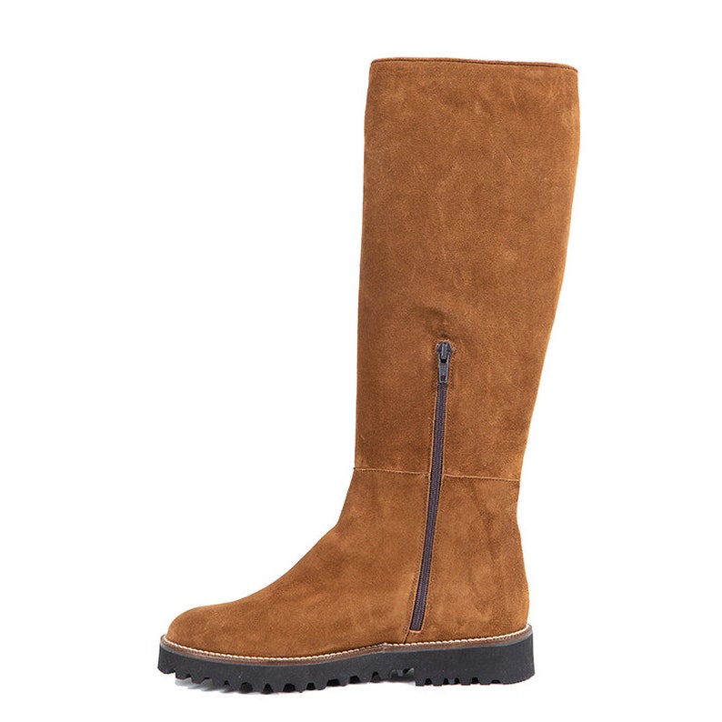 Beige Leather Flat Knee High Boots Rubber Sole Knee High