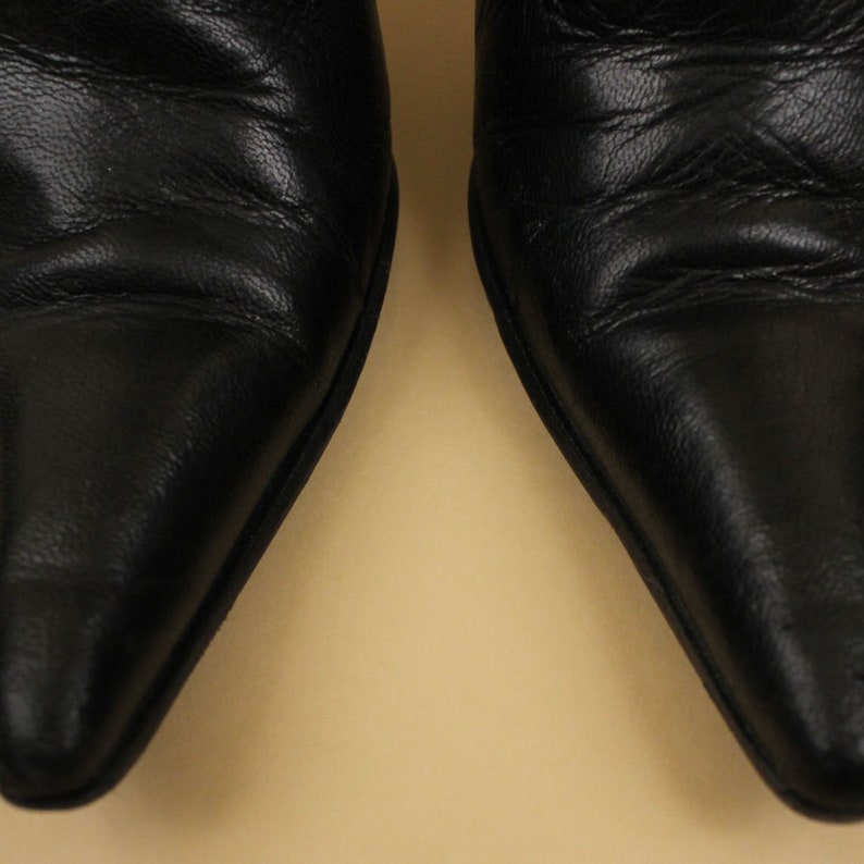 80s 90s Vtg Black Italian Leather Witch Pointy Ankle Boot by