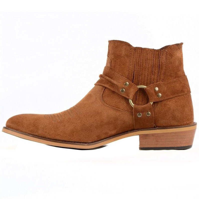 Footcourt Suede Tan Genuine Leather Mens Cowboy Boots Biker