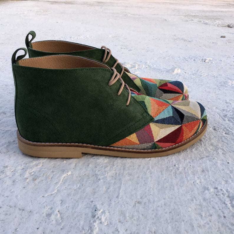Leather Ankle Boots With Fabric Booties green Boots Winter