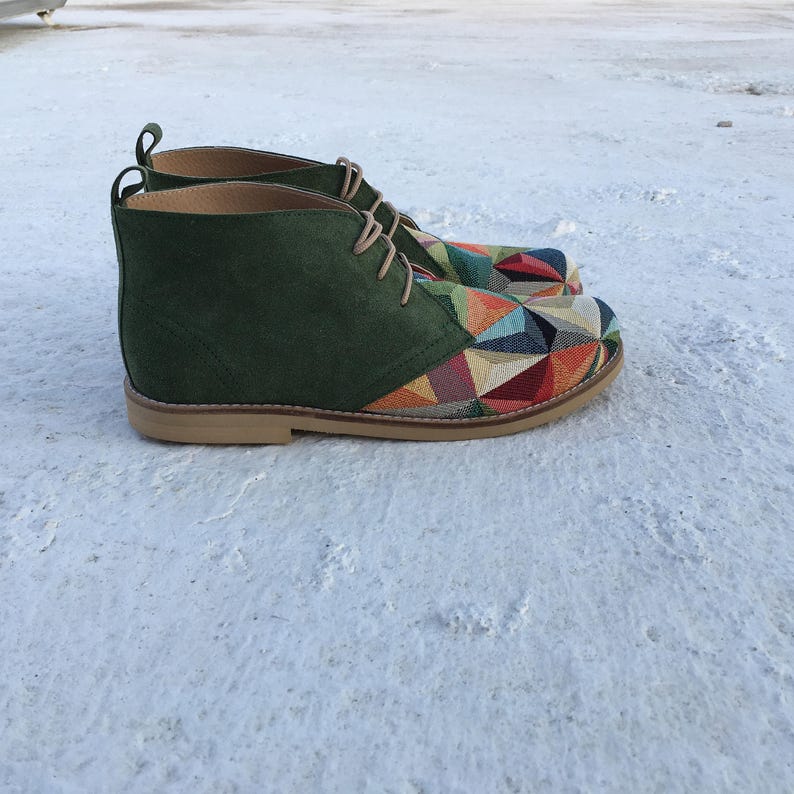 Leather Ankle Boots With Fabric Booties green Boots Winter