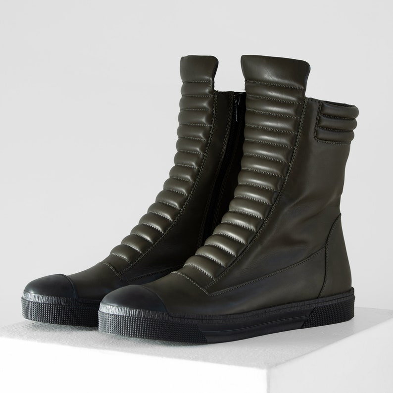 Ribbed Leather Sneaker Boots Moto Sneaker Boots Zip Ankle
