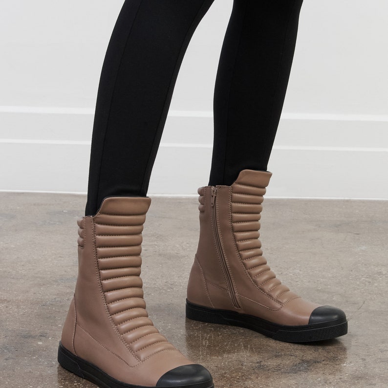 Ribbed Leather Sneaker Boots Moto Sneaker Boots Zip Ankle
