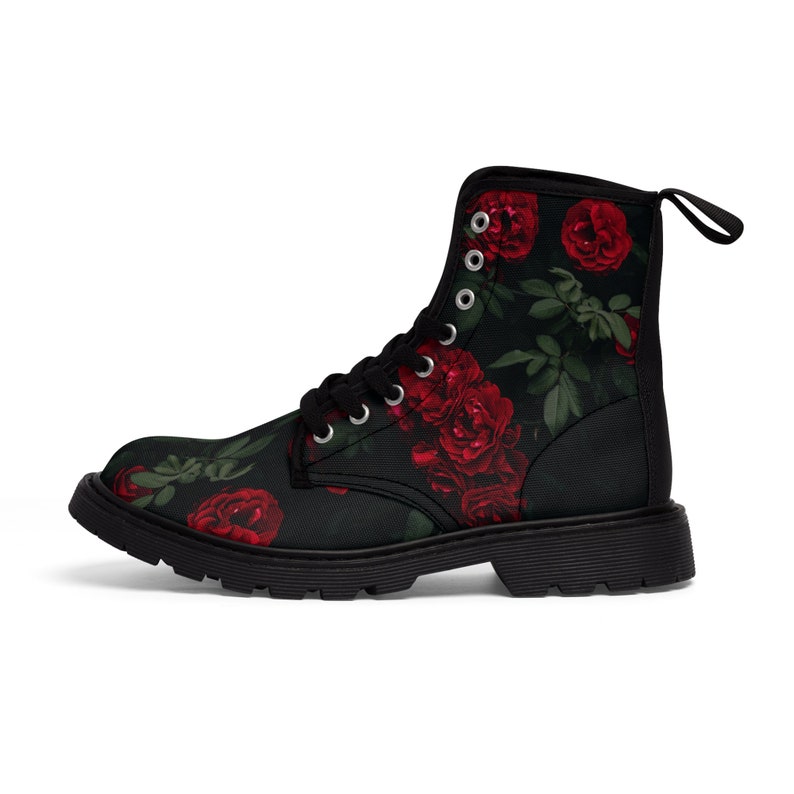 Red Rose All Over Print Women's Canvas Boots