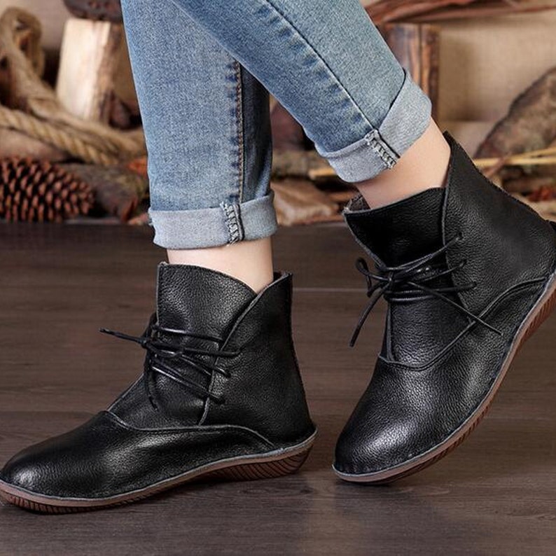 Handmade Women Black Warm Leather Bootsankle Boots for