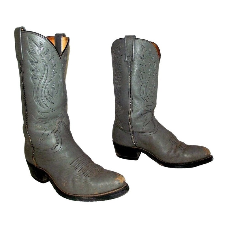 Vintage Cowboy Boots Mens 8.5 EE Extra Wide Width Gray Leather