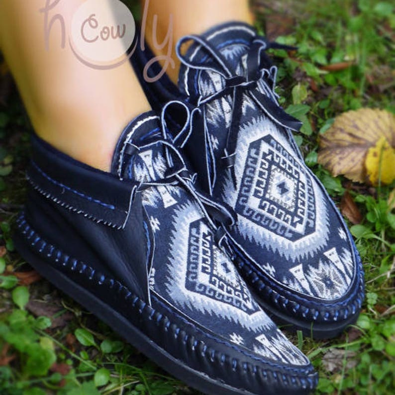 Blue Leather Moccasins With Native American Tribal Fabric